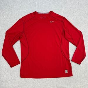 Nike Pro Combat Dri-Fit Activewear Shirt Mens L Red Crew Neck Fitted Long Sleeve